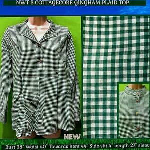 S NWT GREEN & WHITE TOP “SWEET & PRETTY ROCKABILLY”  TRENDY GINGHAM PLAID